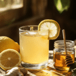 Glass of Brazilian Mounjaro drink with lemon, ginger, honey, and apple cider vinegar