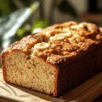 cottage cheese banana bread loaf on wooden board