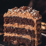 german chocolate cake on rustic table with visible layers