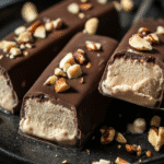 Close-up of gourmet high protein ice cream bars with chocolate coating and nuts