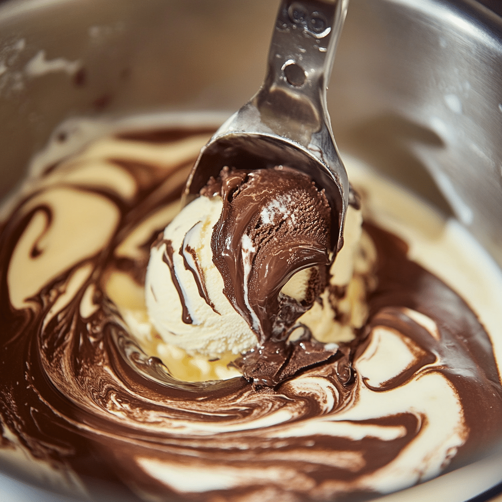 mixing chocolate ganache into vanilla ice cream base