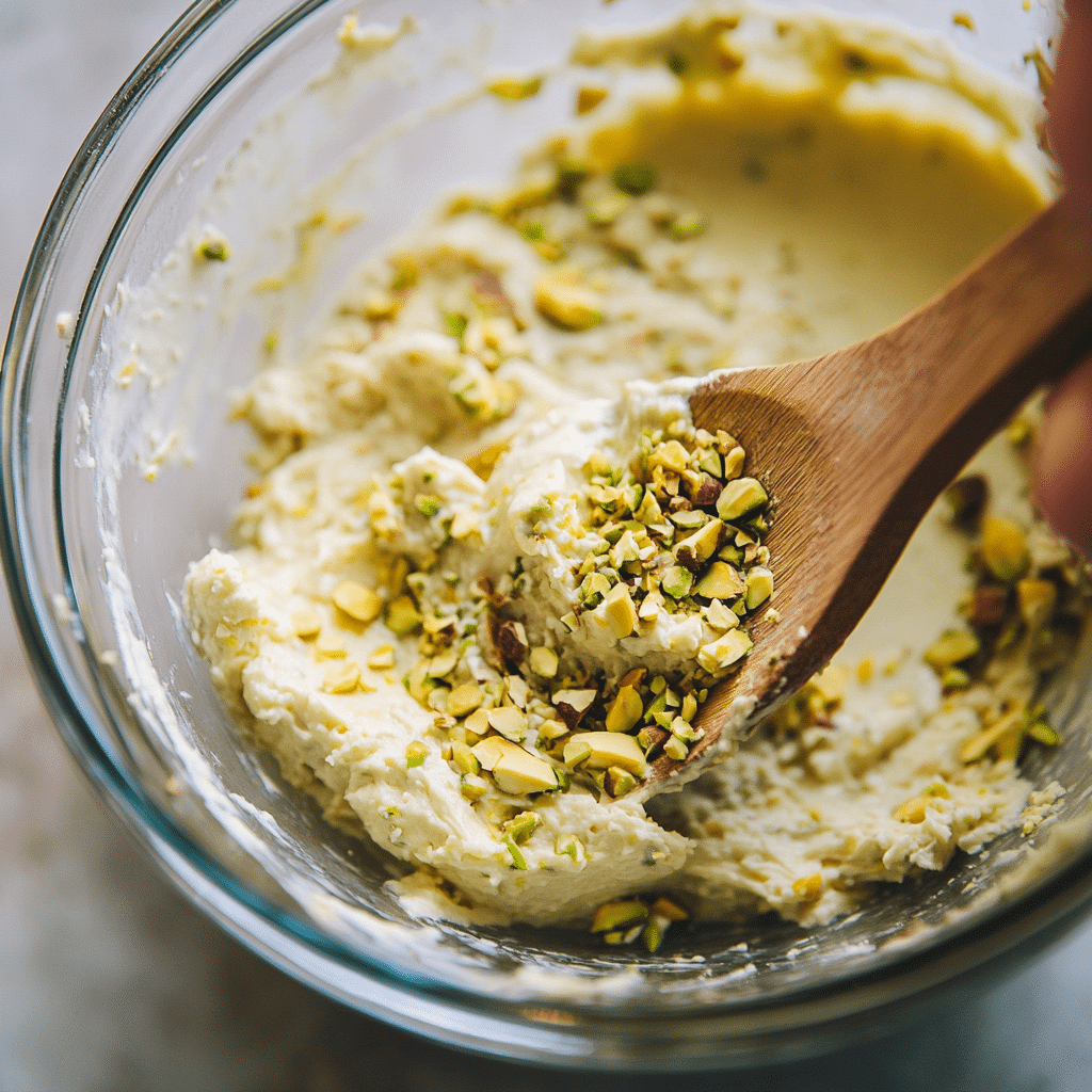 Mixing pistachio ricotta cake batter