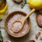 top view of pink salt, lemon, garlic, thyme, and olive oil in a rustic kitchen