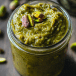 Jar of fresh pistachio butter with pistachios on wooden table