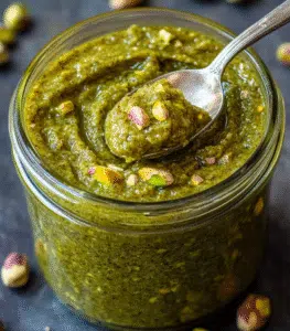 pistachio nut butter jar with spoon on table