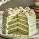 Pistachio Watergate cake sliced with whipped topping