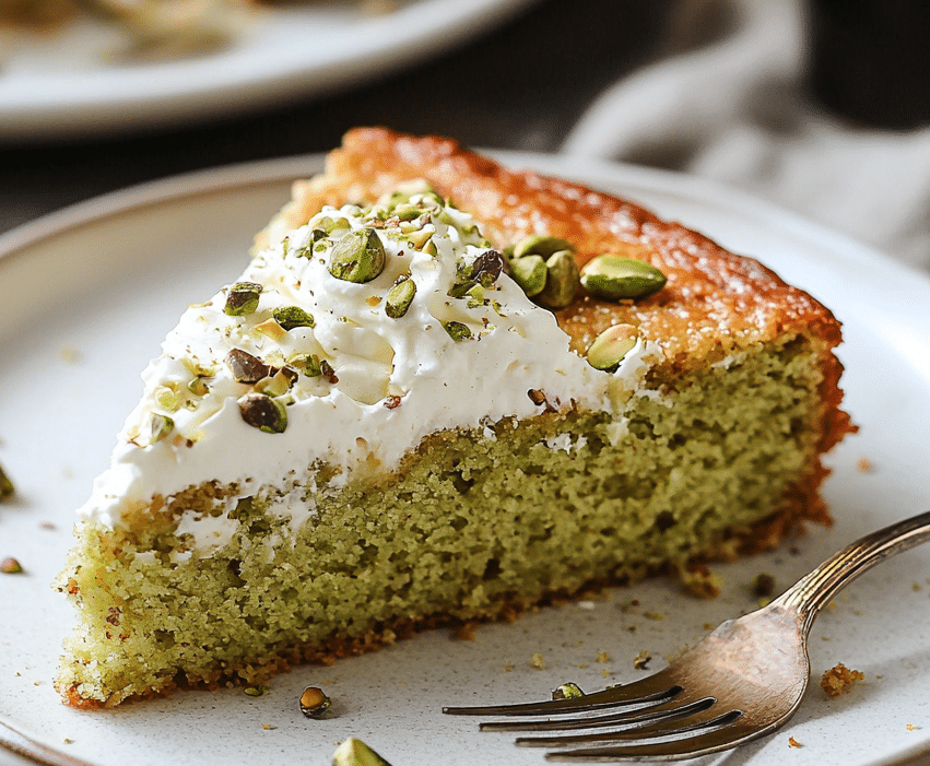 Served slice of pistachio ricotta cake