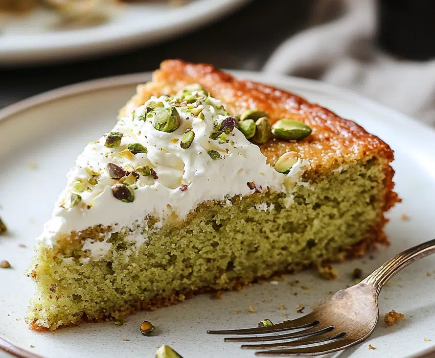 Served slice of pistachio ricotta cake