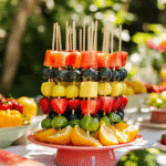 colorful fruit skewers for summer party on outdoor table