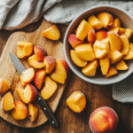how to freeze peaches – fresh peaches being sliced on a rustic kitchen counter